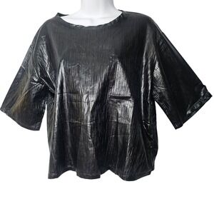 Toi et Moi‎ Women Metallic Resin Plisse Boxy Top M Black Avant-Garde Futuristic